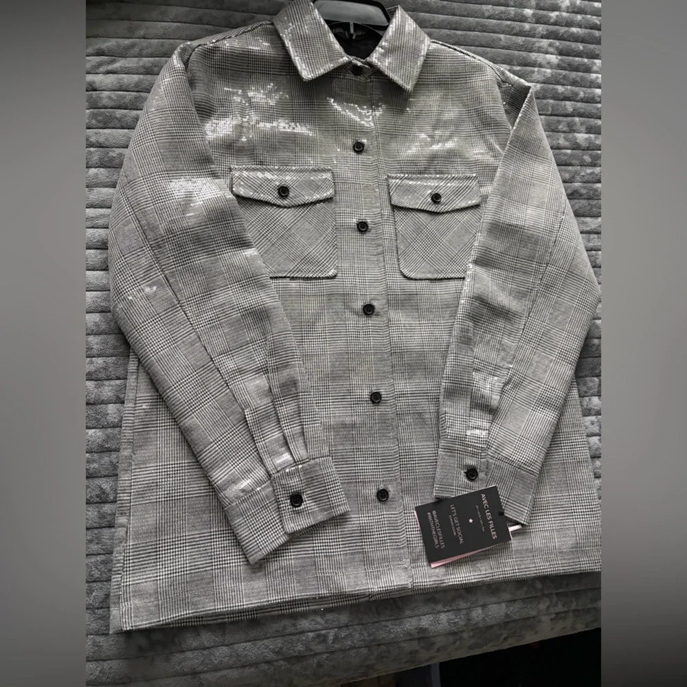 Avec Les Filles Sequin Plaid Shirt Jacket - Picture 9 of 12